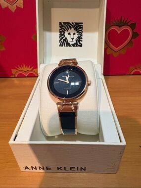 Anne Klein Rose Gold and Navy Ceramic Accent Bracelet Watch